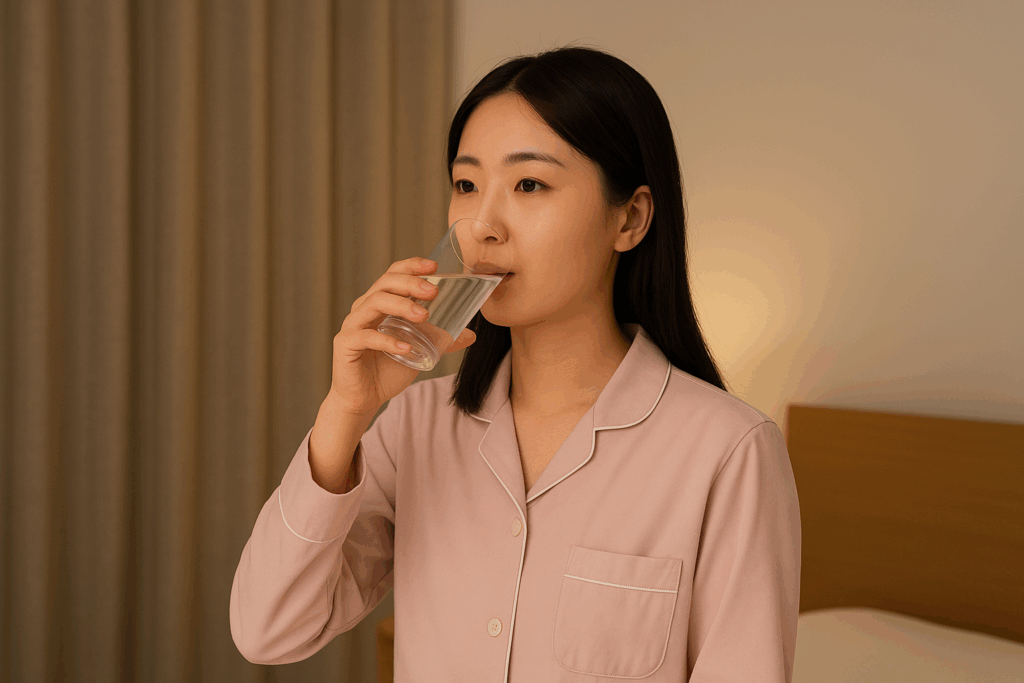 就寝前にドライマウス対策で水を飲む女性